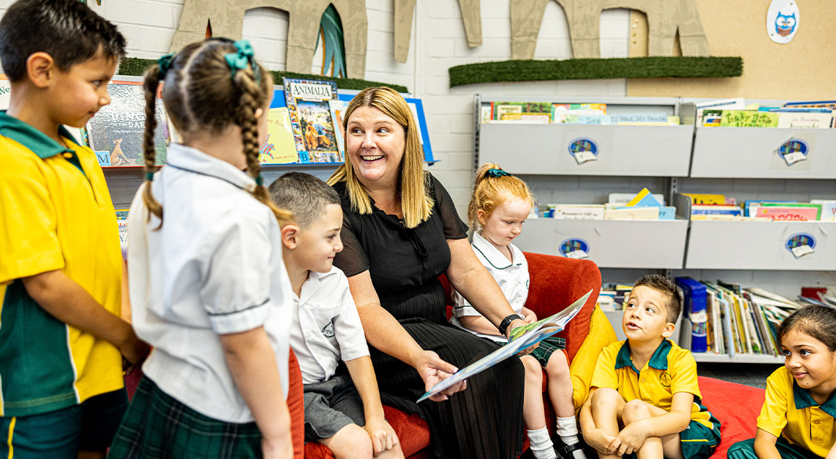 Students and principal Sarah O'Rourke from Corpus Christi Catholic Primary School Cranebrook