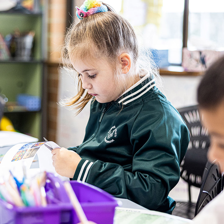 Student cutting paper at Corpus Christi Catholic Primary School Cranebrook